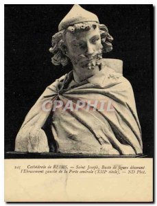 Postcard Old Cathedral of Reims Saint Joseph Bust Figure decorating splay Lef...
