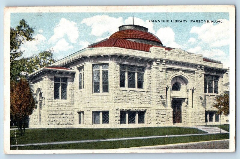 c1916 Parsons Kansas KS Vintage Postcard Carnegie Library Exterior Building View