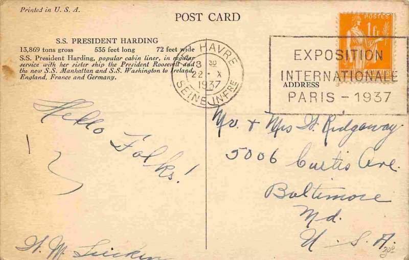 SS President Harding Ocean Liner Ship 1937 postmarked Le Havre postcard