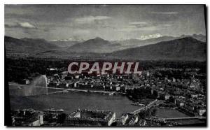 Postcard Old Geneva aerial view of the harbor and Mont Blanc