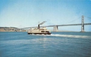 FERRY IN BAY Ferry Boat SAN FRANCISCO Bay Bridge c1950s Chrome Vintage Postcard