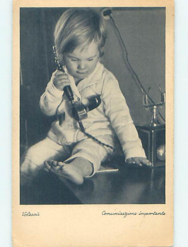 Pre-Linen foreign ITALIAN BOY TALKING ON ANTIQUE TELEPHONE HJ4303