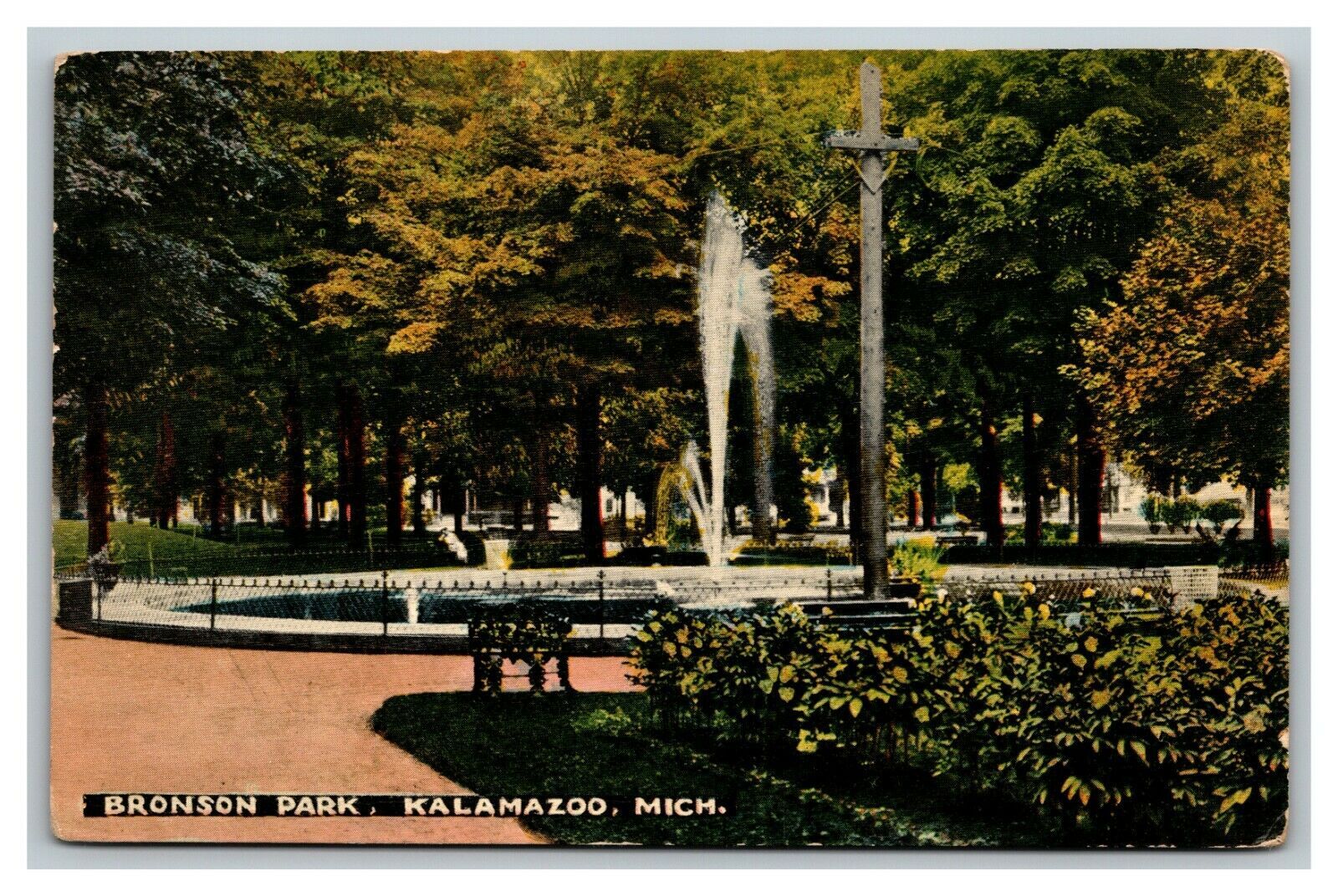 Vintage 1910's Postcard Fountain and Gardens Bronson Park Kalamazoo