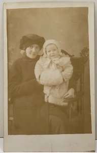 RPPC Early 1900s Lady Child in Fur Coat on Fancy Chair Postcard D12