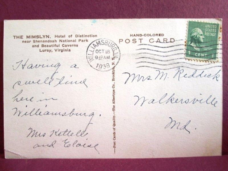 Postcard VA Luray The Mimslyn Hand Colored Albertype #1