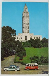 Louisiana State Capitol Baton Rouge La. Cool Bus and 1950s Car Postcard N2