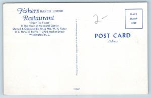 Postcard NC Wilmington Fishers Ranch House Restaurant c1950s cars N8