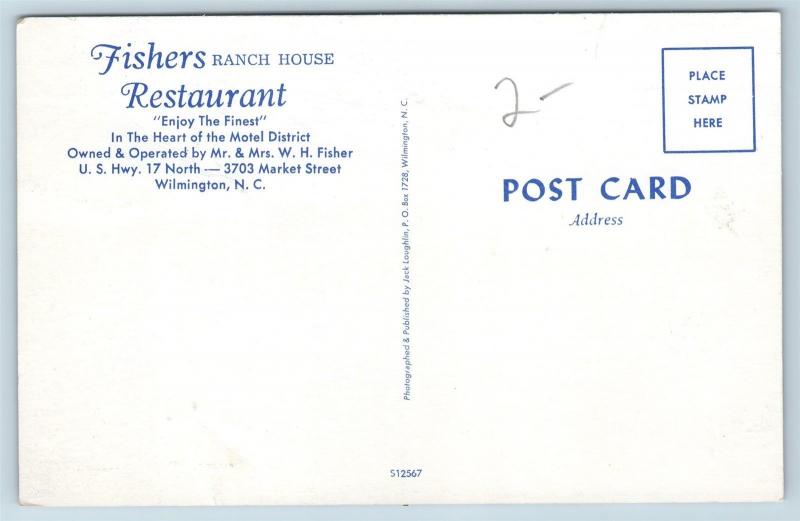 Postcard NC Wilmington Fishers Ranch House Restaurant c1950s cars N8