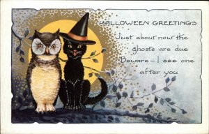 Halloween Witch Cat & Owl in Tree c1915 Whitney Postcard EXC COND