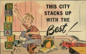 Curt Teich Chicago Series Boy Playing Blocks Toys Linen Postcard