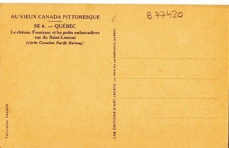 B77420 le chateau frontenac quebec  canada scan front/back image