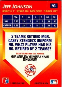 1992 Donruss Tripleplay Baseball Card Jeff Johnson New York Yankees sk6149