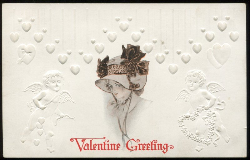 Early embossed valentine postcard. Woman in large fancy hat.