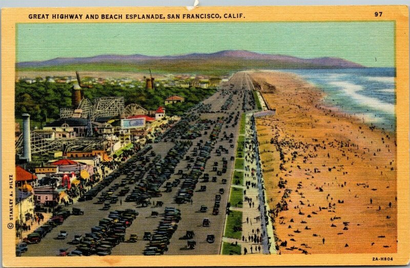 Vtg San Francisco CA Highway & Beach Esplanade Aerial Street View 1930s Postcard