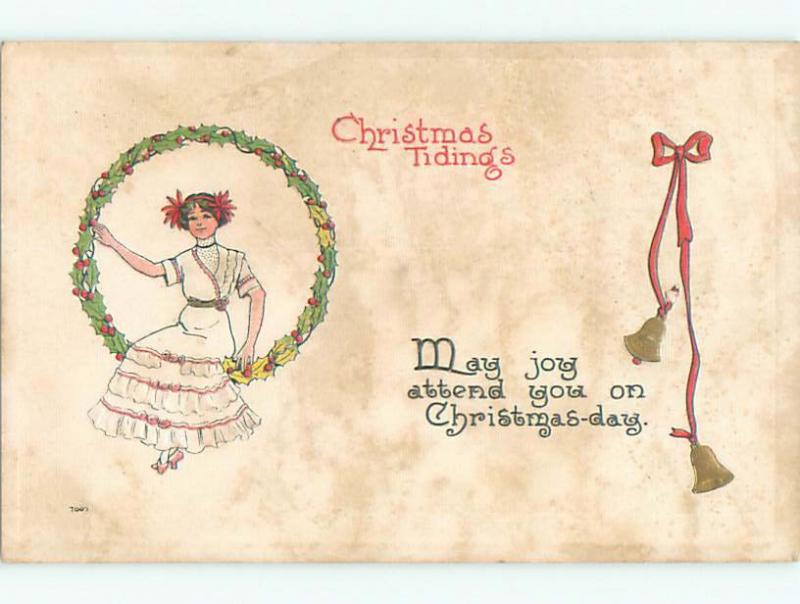 Pre-Linen CUTE GIRL SITS ON GIANT CHRISTMAS WREATH k1651