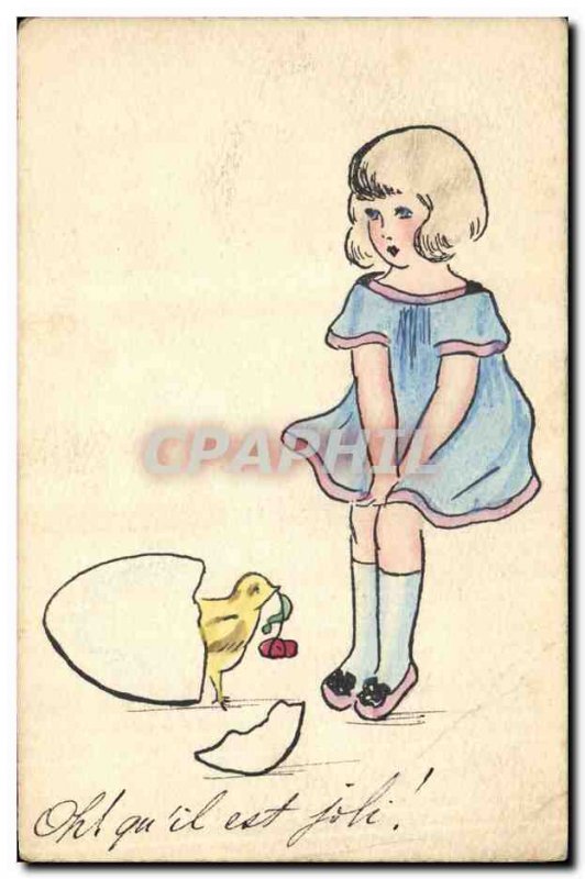 Old Postcard Fancy (drawing hand) Child Chick Egg