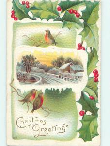 Pre-Linen christmas CUTE BIRDS ON BRANCH & SNOWY BRIDGE OVER THE RIVER HQ7133