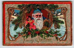 Santa Claus Christmas Postcard Blue Suit Coat Girl Doll Gold Trim Gel Germany 15