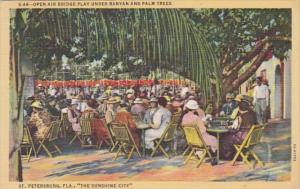 Florida St Petersburg Open Air Bridge Play Under Banyan and Palm Trees 1957 C...