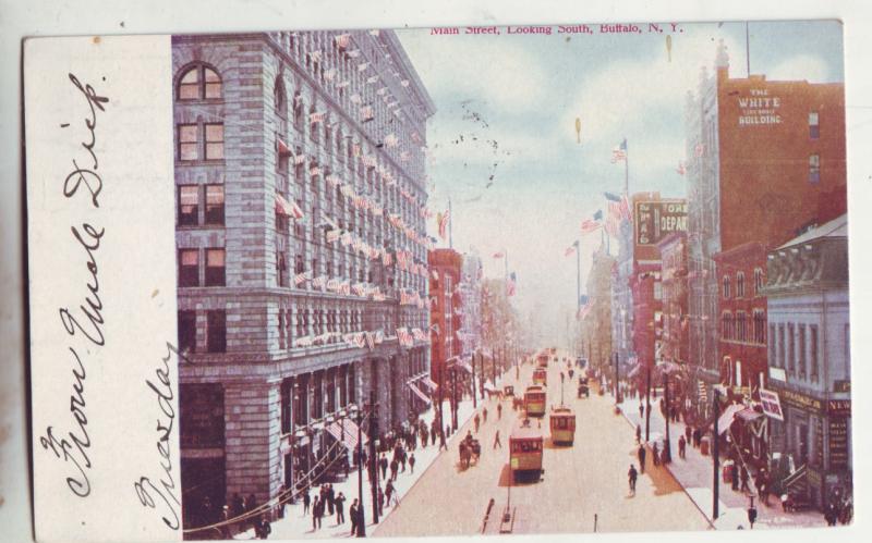 P976 1908 trolleys people, many flags etc main street buffalo new york