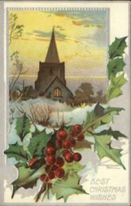 Christmas Church Holly Berries c1910 Postcard