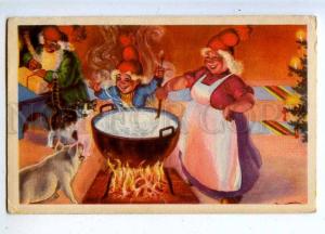 206785 NEW YEAR Green-Robed SANTA CLAUS Kitchen PIG Vintage PC