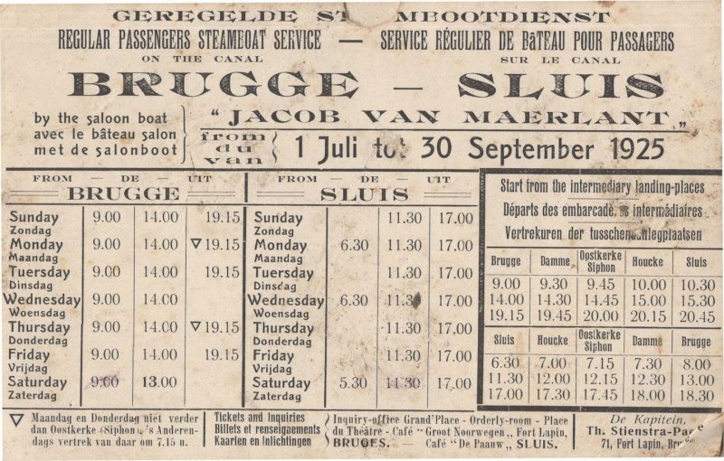 SS Jacob Ship Brugge Sluis Timetable Antique 1925 Postcard