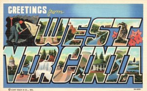 West Virginia, Greetings Waterfall Mining Capital Building Vintage Postcard