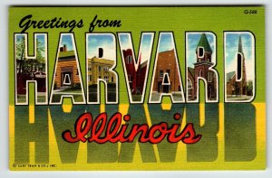 Greetings From Harvard Illinois Large Letter Linen Postcard Curt Teich Unused