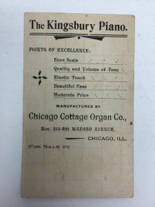 Chicago Cottage Organ Co Victorian Trade Card Kingsbury Piano Girl Pink Dress 