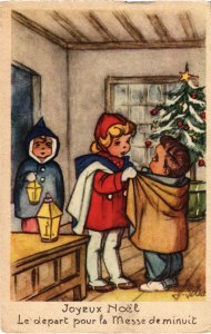 CPA AK Girl Dressing a Boy - Christmas - Artist Signed CHILDREN (1292990)