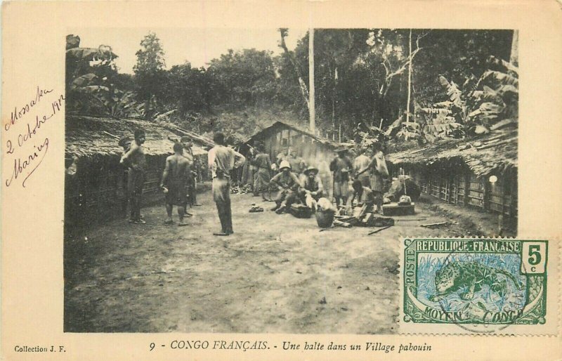 French Congo a stop in a pahouin village Central Africa 1912 