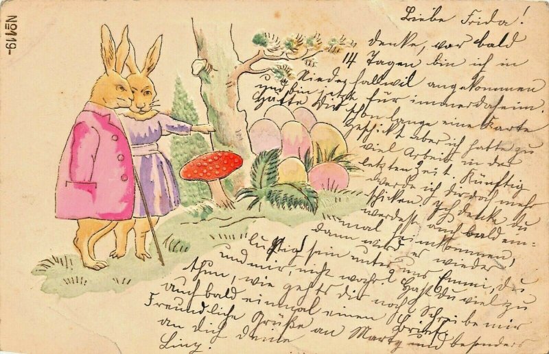 RABBITS-COLORFUL-MUSHROOM-COLOR EGGS~1903 EMBOSSED EASTER SWISS POSTCARD