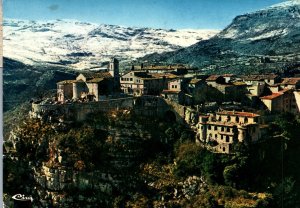 VINTAGE POSTCARD VIEW OF GOURDON & THE ALPS MAILED CANNES USING CVP POSTAGE 1987