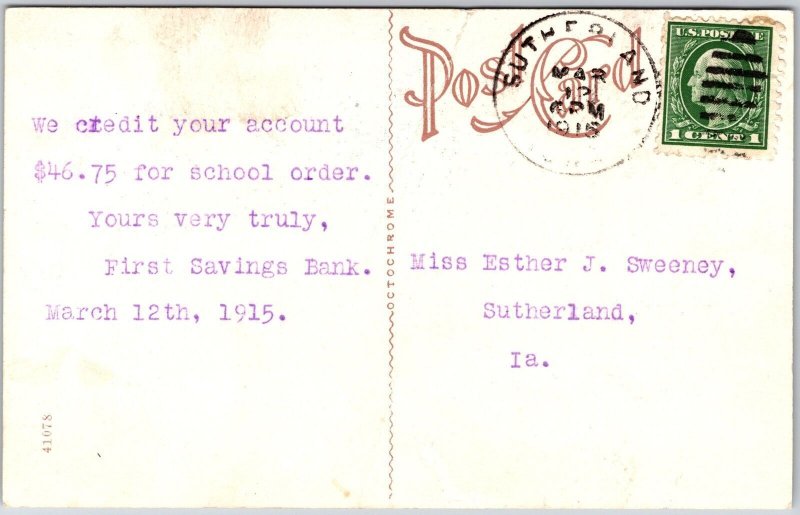 1915 First Savings Bank Sutherland Iowa Jordans Bank Drugstore Posted Postcard