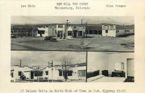 Postcard 1930s Colorado Walsenburg New Hill Top Court Gas Pumps autos CO24-3087