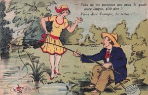 French Fisherman Sexy Lady Old France Comic Fishing Postcard
