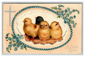 Vintage 1910's Easter Postcard Cute Chicks in Nest Silver Cross Blue Flowers