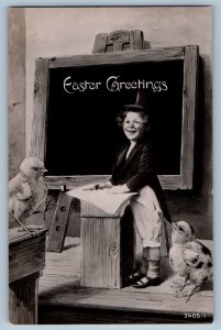 Easter Postcard RPPC Photo Greetings Little Boy Chicks c1910's Antique