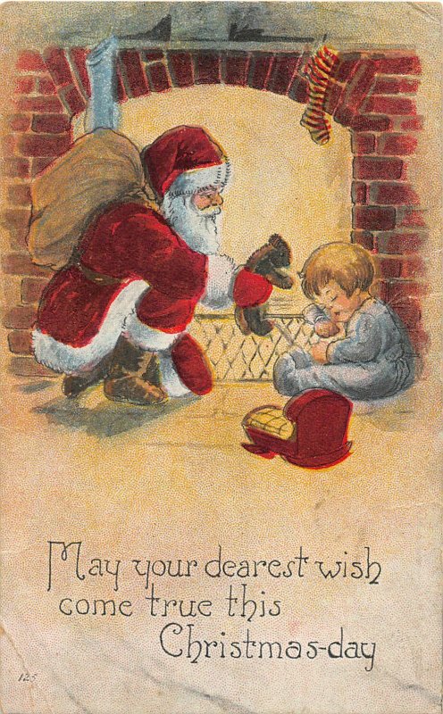 F97/ Santa Claus Christmas Postcard c1910 Fireplace Toys Child Stockings 20