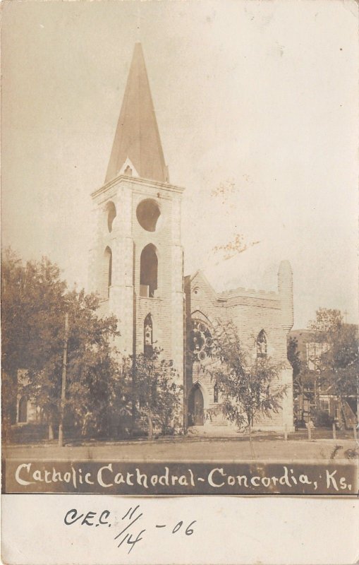 Concoria Kansas~Catholic Cathedral~1908 RPPC-Postcard~RPO Railroad Postmark