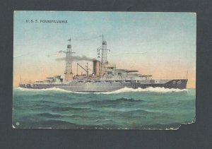 Post Card USS Pennsylvania W/Advertising On Back Piece Missing On Bottom Right