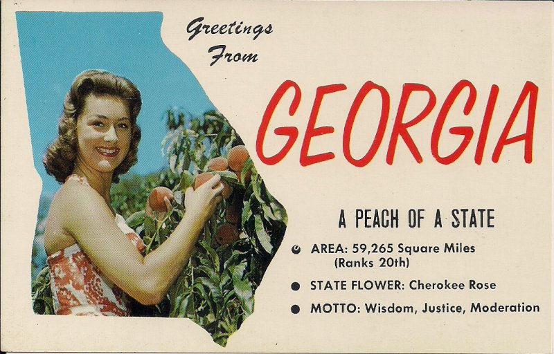 Georgia Greetings, Pretty Girl with Peaches, Map, Large Letter, Pin Up Woman