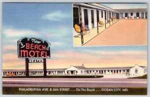 1940's NEW BEACH MOTEL OCEAN CITY MARYLAND MD FIREPROOF VINTAGE LINEN POSTCARD