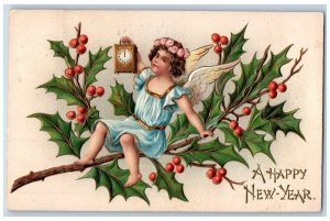 New Year Postcard Angel With Clock Holly Berries Embosses Amsterdam NY 1908