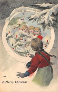 A MERRY CHRISTMAS Girl & Tree Kratki Artist-Signed 1908 Hand-Colored Postcard