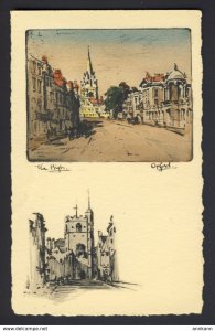 Etching type color postcard of Oriel College, Oxford, with B&W sketch at bottom