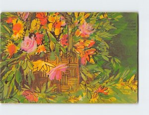 Postcard Greeting Card with Flowers Basket Leaves Painting/Art Print