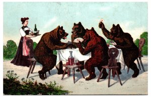 1910s Bears Playing Cards and Drinking Wine Anthropomorphic Animals Postcard