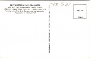 Front View Best Western El Plaza Hotel Miami Florida FL Cars Postcard Unused UNP 